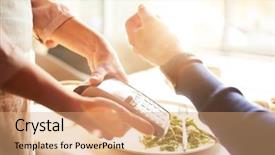  Presentation with smartwatch - PPT theme with up of unrecognizable man paying background and a coral colored foreground