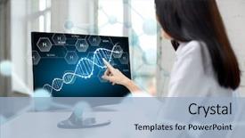 Presentation with dna molecule - Beautiful PPT theme featuring up of woman with dna backdrop and a light blue colored foreground
