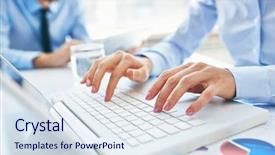  Presentation with female - Cool new slide deck with up of young female hand backdrop and a sky blue colored foreground