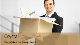  Presentation with box carton - Audience pleasing PPT theme consisting of up packet - man in black suit holding backdrop and a coral colored foreground