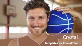  Presentation with basketball court - Beautiful presentation theme featuring up portrait of smiling basketball backdrop and a coral colored foreground