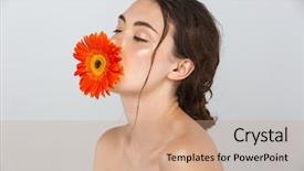  Presentation with flower woman - Slide deck enhanced with up posing with red gerbera background and a coral colored foreground