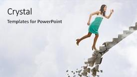  Presentation with walking - Colorful PPT theme enhanced with up stairs - young woman walking up collapsing backdrop and a sky blue colored foreground
