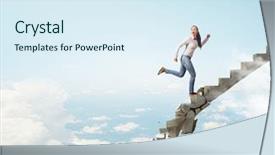  Presentation with walking young wild jaguar - Audience pleasing PPT theme consisting of up stairs - young woman walking up collapsing backdrop and a sky blue colored foreground