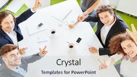  Presentation with victory team - Cool new PPT theme with up team with victory sign backdrop and a light gray colored foreground