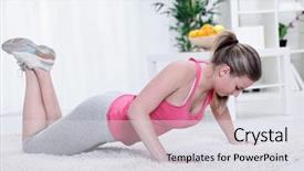  Presentation with young woman wearing boxer gloves - Presentation theme with up while doing push-ups background and a light gray colored foreground