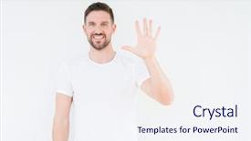  Presentation with casual young people - Audience pleasing theme consisting of up with fingers number five backdrop and a sky blue colored foreground