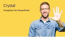  Presentation with elegant man in glasses optics - Presentation having up with fingers number five background and a  colored foreground