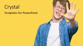  Presentation with elegant man in glasses optics - Slides having up with fingers number five background and a  colored foreground