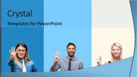  Presentation with young happy people smiling - Slides consisting of up with fingers number four background and a light blue colored foreground