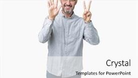  Presentation with elegant man in glasses optics - Slides having up with fingers number seven background and a  colored foreground