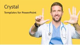  Presentation with medical smiling doctor - Slide deck with up with fingers number seven background and a yellow colored foreground
