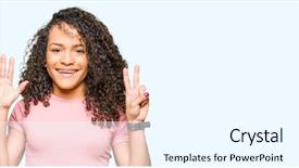  Presentation with real woman hair texture human - Colorful presentation theme enhanced with up with fingers number seven backdrop and a  colored foreground