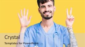  Presentation with asian nurse helps a man - Beautiful slide set featuring up with fingers number seven backdrop and a  colored foreground