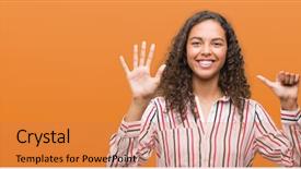  Presentation with weight loss woman showing - PPT layouts consisting of up with fingers number six background and a coral colored foreground