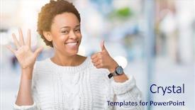  Presentation with african american in technology - Cool new slide deck with up with fingers number six backdrop and a sky blue colored foreground