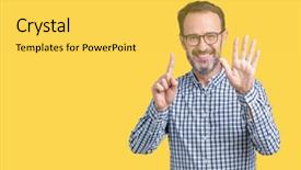  Presentation with elegant man in glasses optics - Cool new theme with up with fingers number six backdrop and a  colored foreground