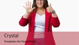  Presentation with young business woman smile show - PPT theme having up with fingers number six background and a  colored foreground