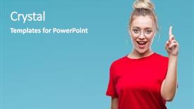  Presentation with blonde holds a magnifying glass - Presentation theme with up with successful idea exit background and a teal colored foreground