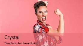  Presentation with strong - Cool new theme with up woman isolated over pink backdrop and a coral colored foreground