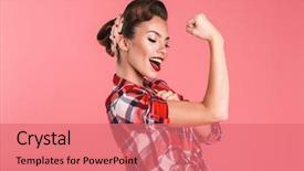  Presentation with strong - PPT theme enhanced with up woman isolated over pink background and a coral colored foreground