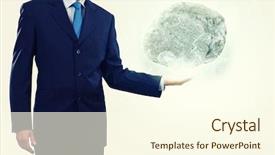 Presentation with palm - Theme having uphill struggle - businessman in suit huge holding background and a  colored foreground