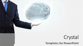  Presentation with palm - Amazing slides having uphill struggle - businessman in suit huge holding backdrop and a  colored foreground