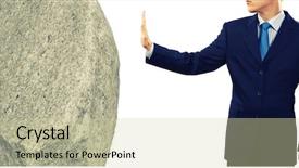  Presentation with palm - Cool new slides with uphill struggle - businessman in suit huge holding backdrop and a  colored foreground