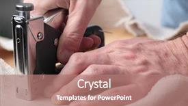  Presentation with three legged stool - Beautiful slide deck featuring upholster - man upholstering a round stool backdrop and a coral colored foreground