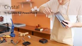  Presentation with leather - Presentation theme featuring upholsterer-finishing-new-leather-wallet background and a coral colored foreground