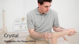  Presentation with holding hotdog - Cool new PPT theme with upper limb - serious brunette physiotherapist holding backdrop and a coral colored foreground