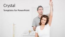  Presentation with medical training in patient care - Audience pleasing theme consisting of upper limb - serious osteopath raising the arm backdrop and a white colored foreground