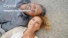  Presentation with carpet - Colorful slide set enhanced with upper view of cheerful couple laying on carpet backdrop and a mint green colored foreground