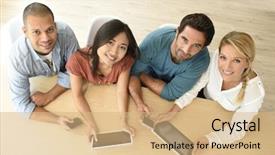  Presentation with electronic - PPT theme featuring upper view of start-up business people meeting with electronic devices background and a coral colored foreground