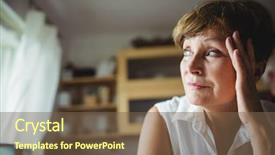  Presentation with mobile phone in woman hand - Slide deck with upset - worried senior woman with hand background and a tawny brown colored foreground