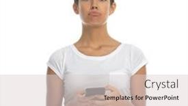  Presentation with duck - Theme featuring upset-casual-woman-holding-phone background and a light gray colored foreground