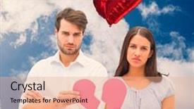  Presentation with heart clouds - Cool new presentation theme with upset couple holding two halves of broken heart against bright blue sky with clouds backdrop and a coral colored foreground