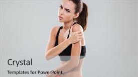  Presentation with shoulder pain - PPT layouts having upset fitness woman with pain background and a light gray colored foreground
