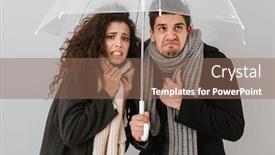 Presentation with under umbrella - Amazing theme having upset frozen couple wearing autimn clothes standing under an umbrella isolated over gray background backdrop and a violet colored foreground