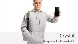  Presentation with upset - Presentation design featuring upset male student showing a mobile phone isolated on white background background and a light gray colored foreground