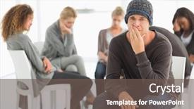  Presentation with group therapy - Presentation design consisting of upset man in rehab group background and a gray colored foreground