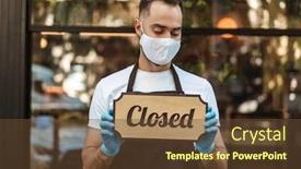  Presentation with medical face mask - PPT theme featuring upset-man-wearing-medical-face background and a tawny brown colored foreground