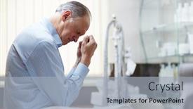  Presentation with diagnosis - Theme enhanced with upset senior man sitting in hospital and worrying about his diagnosis background and a light gray colored foreground