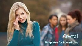 Presentation with teenage girl - Beautiful presentation theme featuring upset teenage girl with friends backdrop and a ocean colored foreground