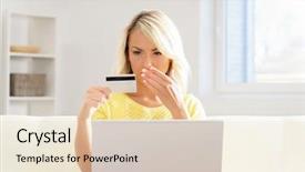  Presentation with credit card icon - Colorful PPT theme enhanced with upset woman with a credit backdrop and a lemonade colored foreground