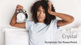  Presentation with upset - PPT theme consisting of upset young african woman showing alarm clock while sitting in bed in the morning background and a sky blue colored foreground