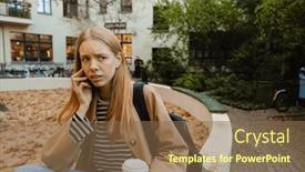  Presentation with takeaway coffee - PPT theme having upset-young-girl-with-backpack background and a violet colored foreground