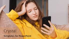  Presentation with sad teen - Slide deck enhanced with upset-young-woman-sit background and a gold colored foreground