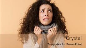  Presentation with upset - Cool new theme with upset young woman wearing winter scarf standing isolated over beige background shivering backdrop and a coral colored foreground