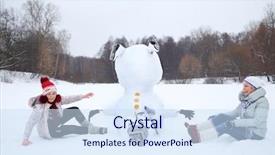  Presentation with snowman - PPT theme having upside down snowman with hat and two happy women sits at winter day background and a sky blue colored foreground